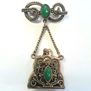 Vtg Purse Green Cabochon Dangle Rope Pin Brooch OPENS